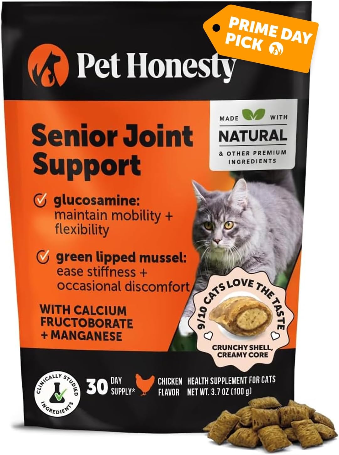 Senior Cat Joint Supplement Crunchy Creamy Hip + Joint for Cats - Ease Mobility Stiffness with Glucosamine Chondroitin, Green Lipped Mussel, Flexibility + Joint Support Chews (30-Day Supply)