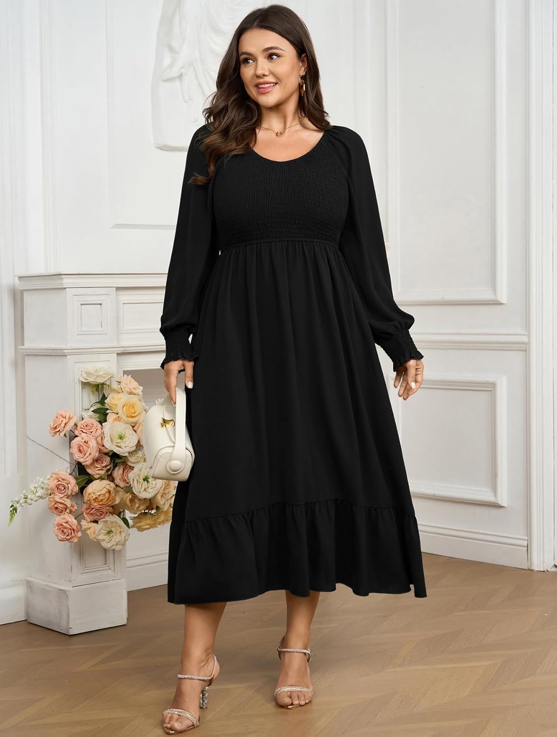 SCOMCHIC Women's Plus Size Maxi Dress Long Sleeve Square Neck Dress Casual Smocked Ruffle Swing Flowy Long Fall Dresses - Image 8