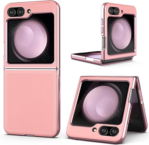 Feitenn Funda para Samsung Z Flip 5, Premium Z Flip 5 Funda trasera de cuero genuino delgada y dura PC Bling a prueba de golpes con película