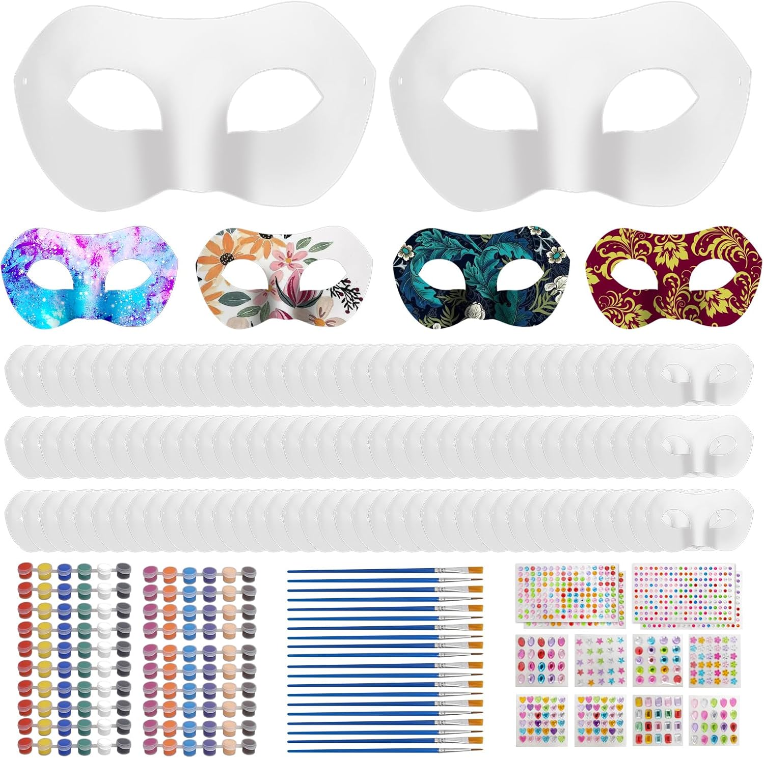 120 Pcs Paper Mache Masks with Gem Stickers, Paint and Brushes, Blank DIY Craft Paintable Half Face Masks for Halloween, Mardi Gras, Masquerade