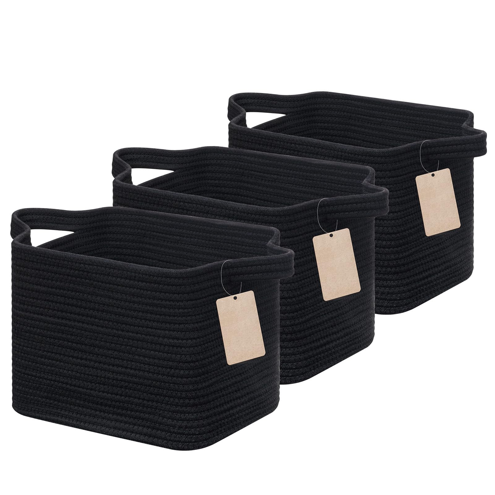 JOJOSEE Small Woven Storage Basket, Cotton Rope Basket for Shelves, Square Shelf Baskets for Home Bathroom Closet Organizer 33x25x22.5cm (Black,3PCS)