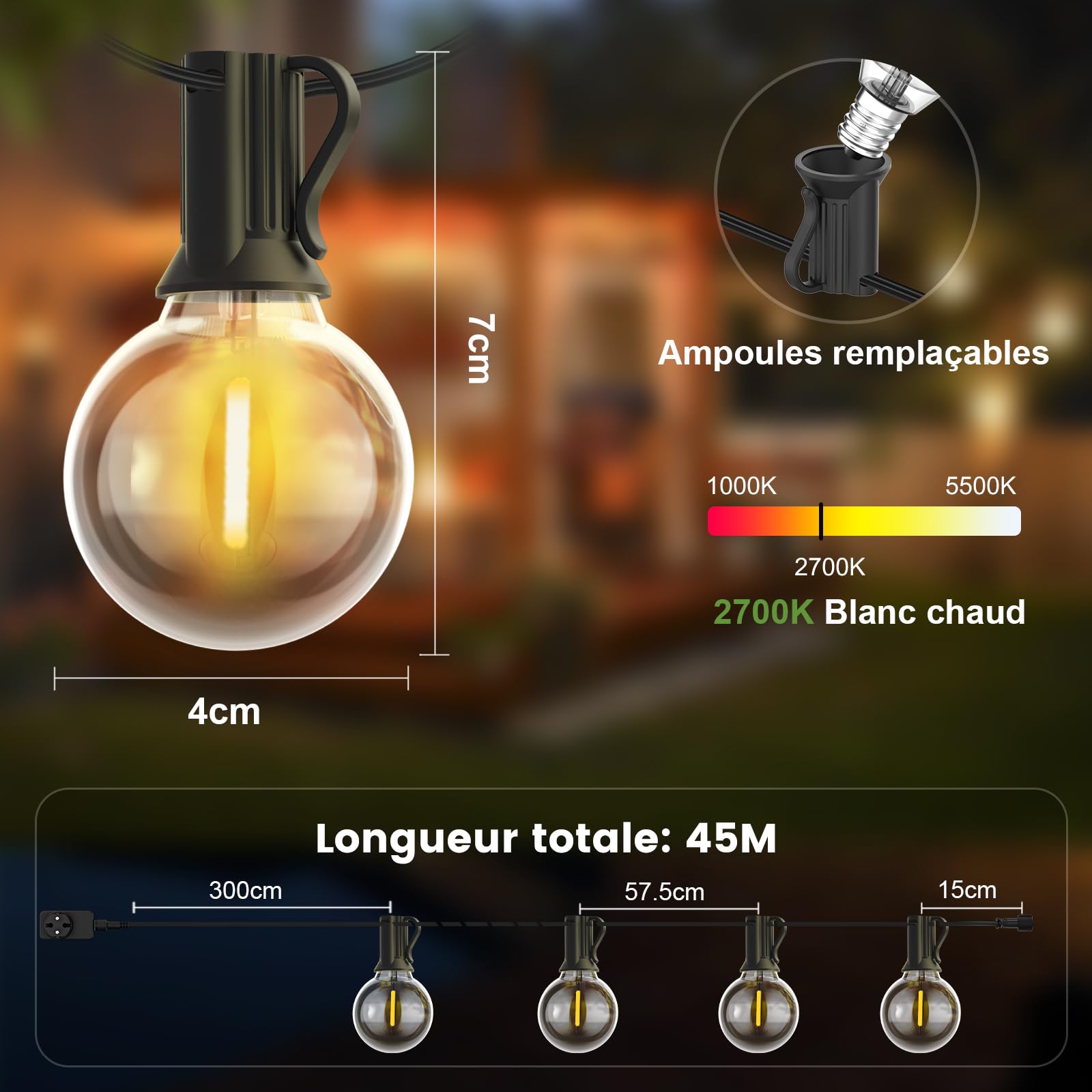Yuusei Guirlande Lumineuse Exterieure, 45M Guirlande Guinguette Exterieur | Télécommande, étanche IP45, 75+2 G40 Ampoules LED Incassables pour Terrasse Deco Jardin Pergola Balcon Mariages et Fêtes