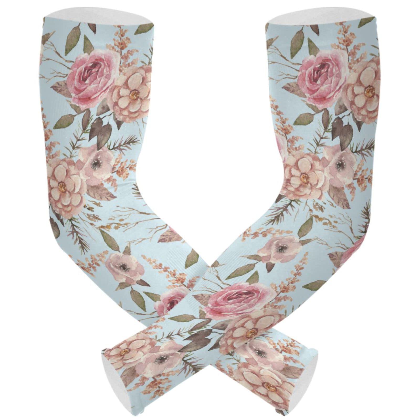 Pfrewn Floral Rose Blue Protective Gardening Sleeves for Women Spring Farmers Garden Defense Cooling Sleeves