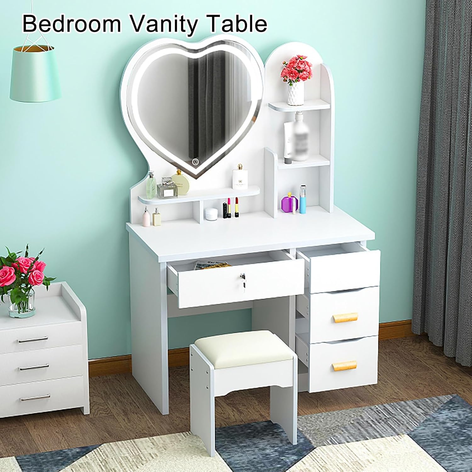 Girls Vanity Desk, 3 in 1 Vanity Desk with 4 Drawers with 3-Color LED Lights Mirror and Cushioned Stool, Multi-Tier Storage,Suitable for Bedrooms，Pink