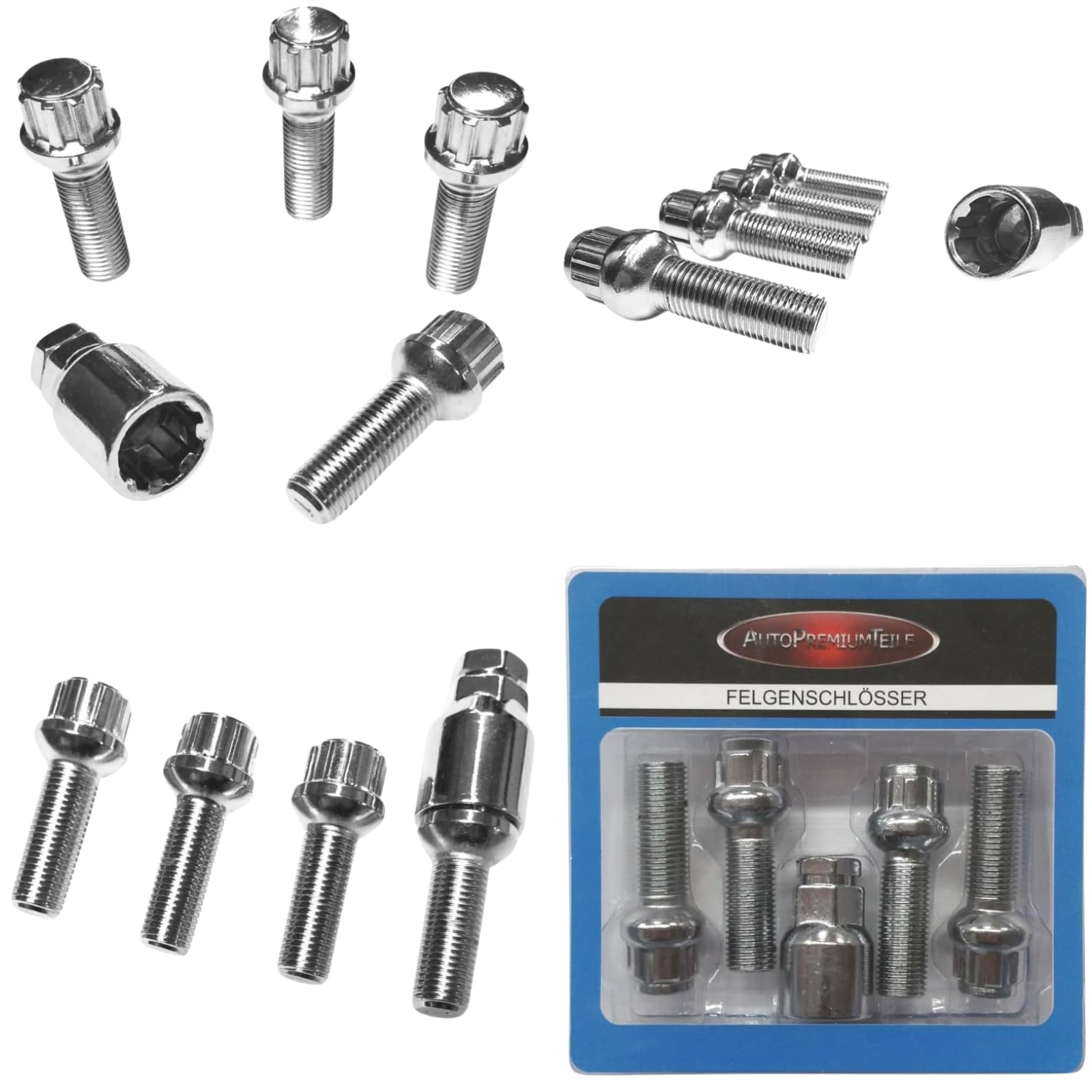 Felgenschloss M14x1,5x35mm Kugelbund R14 kompatibel mit Audi Bentley Ford Porsche Seat VW 4x silberne