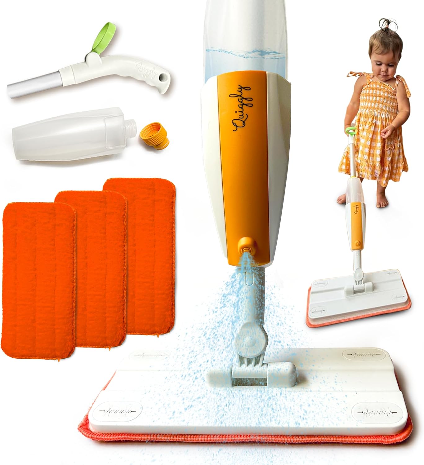 Quiggly Toddler Spray Mop Bundle – for Ages 3–5 - Two-Handed Montessori Cleaning Toy with Real Water Sprayer + 2 Extra Washable Mop Pads