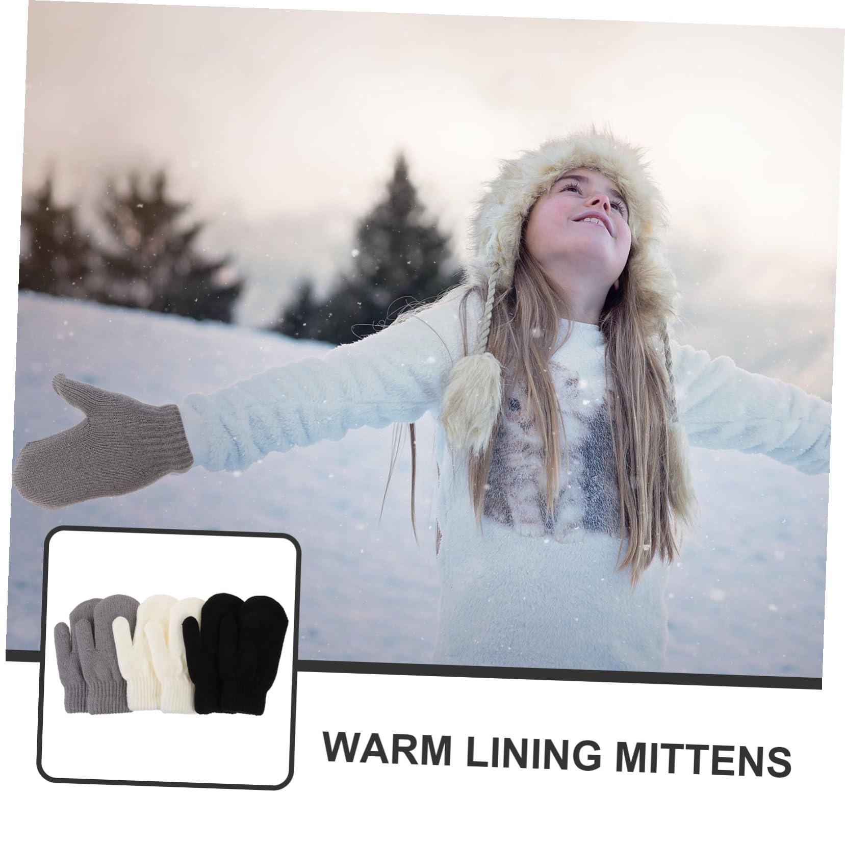 Mitones de Lana Acrílica, 3 Pares, Gruesos y Cálidos para Invierno | Acolchado Doble, Tejido Transpirable, para Trayectos y Esquí, Pensado para Niñas y Niños