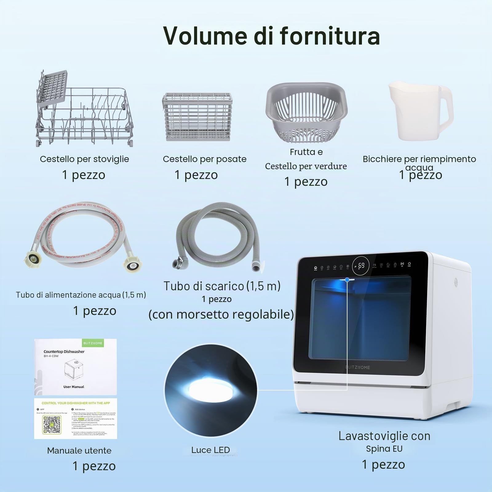 Mini lavastoviglie BLITZHOME controllo smart app, 8 programmi, lavastoviglie da tavolo portatile, serbatoio dell'acqua da 5 l, utilizzabile con/senza collegamento acqua, asciutto, prenotazione