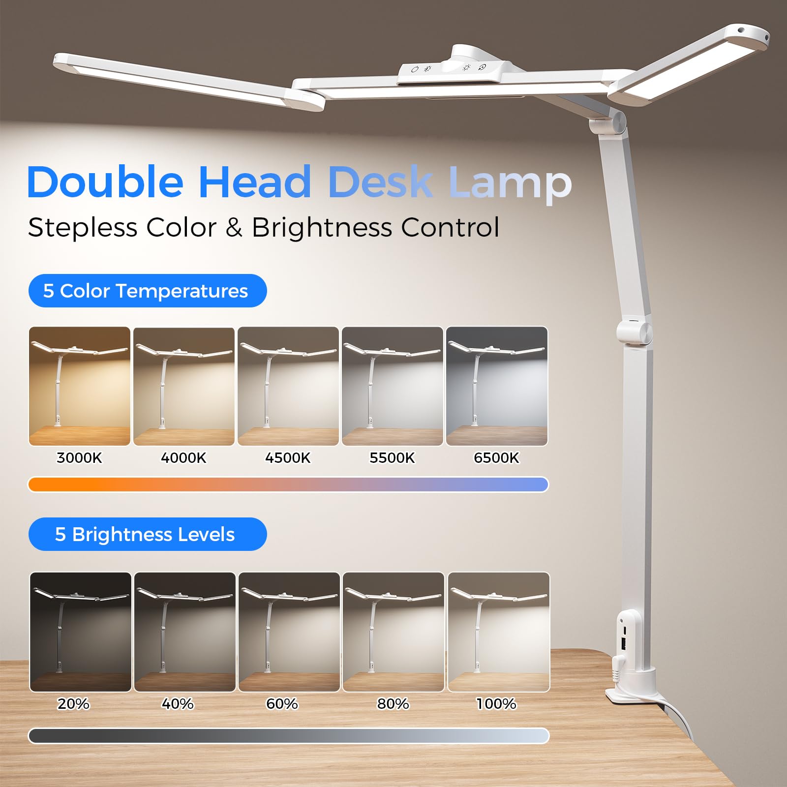 Lampara de Escritorio de LED 24W con Control Remoto - 1400LM 80CM LED Escritorio Ajuste de 360° con Pinza Luz Leer Puerto de carga USB para Estudiar, Oficina, Blanco