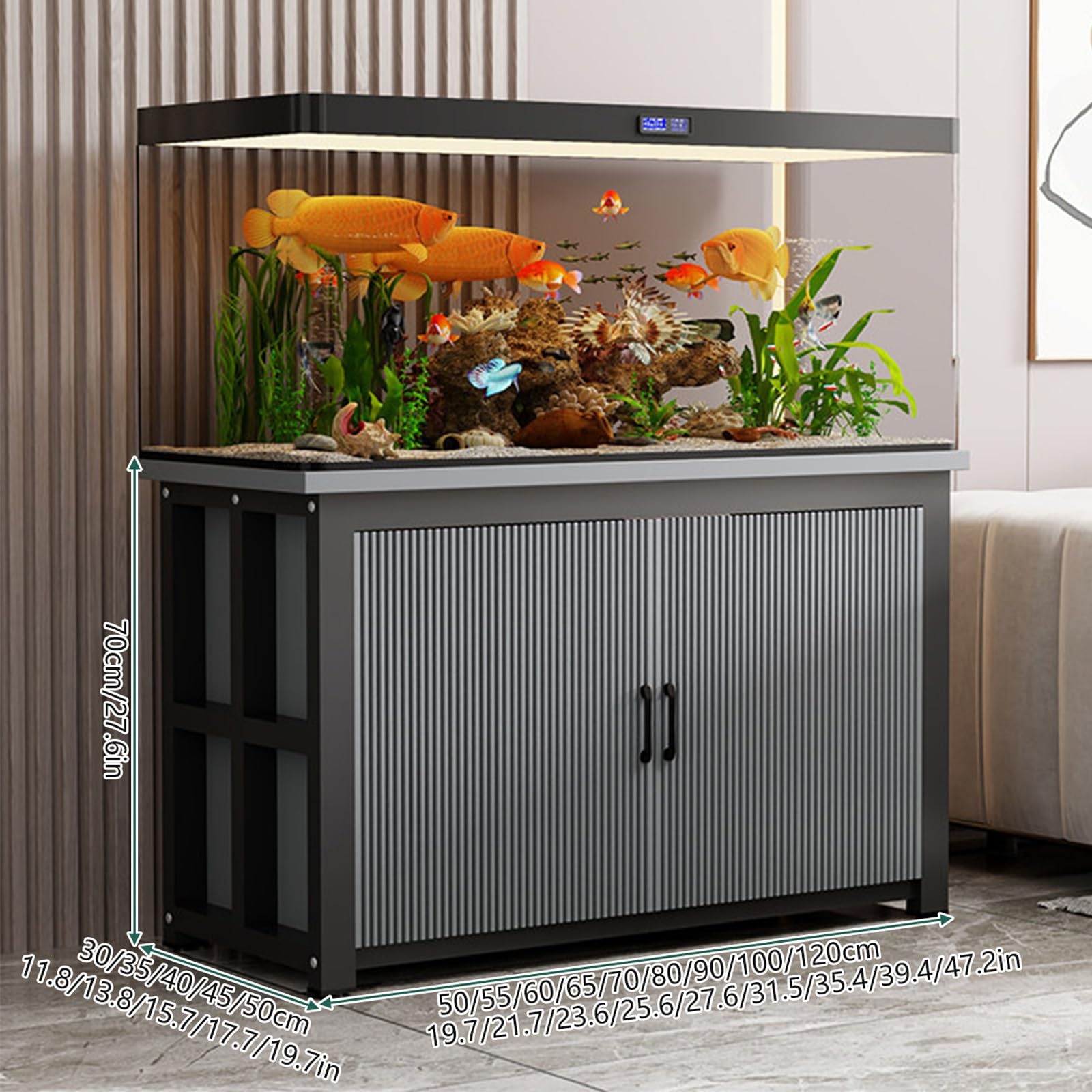 Reptilien-Terrarium mit integrierten Aufbewahrungsschränken, Stahlkonstruktion, hohe Belastbarkeit, geeignet für Wohnzimmer und Büros.