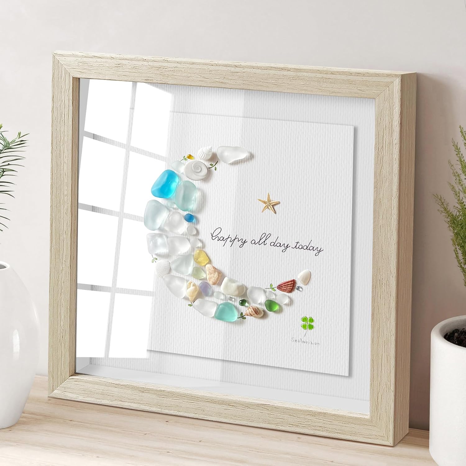 Seahorizon Moon and Stars. Handmade Sea Glass Art Wall Decor, 8 x 8 Inch Wood Framed Wall Art, Made of Sea Glass, Shells, and Pebbles