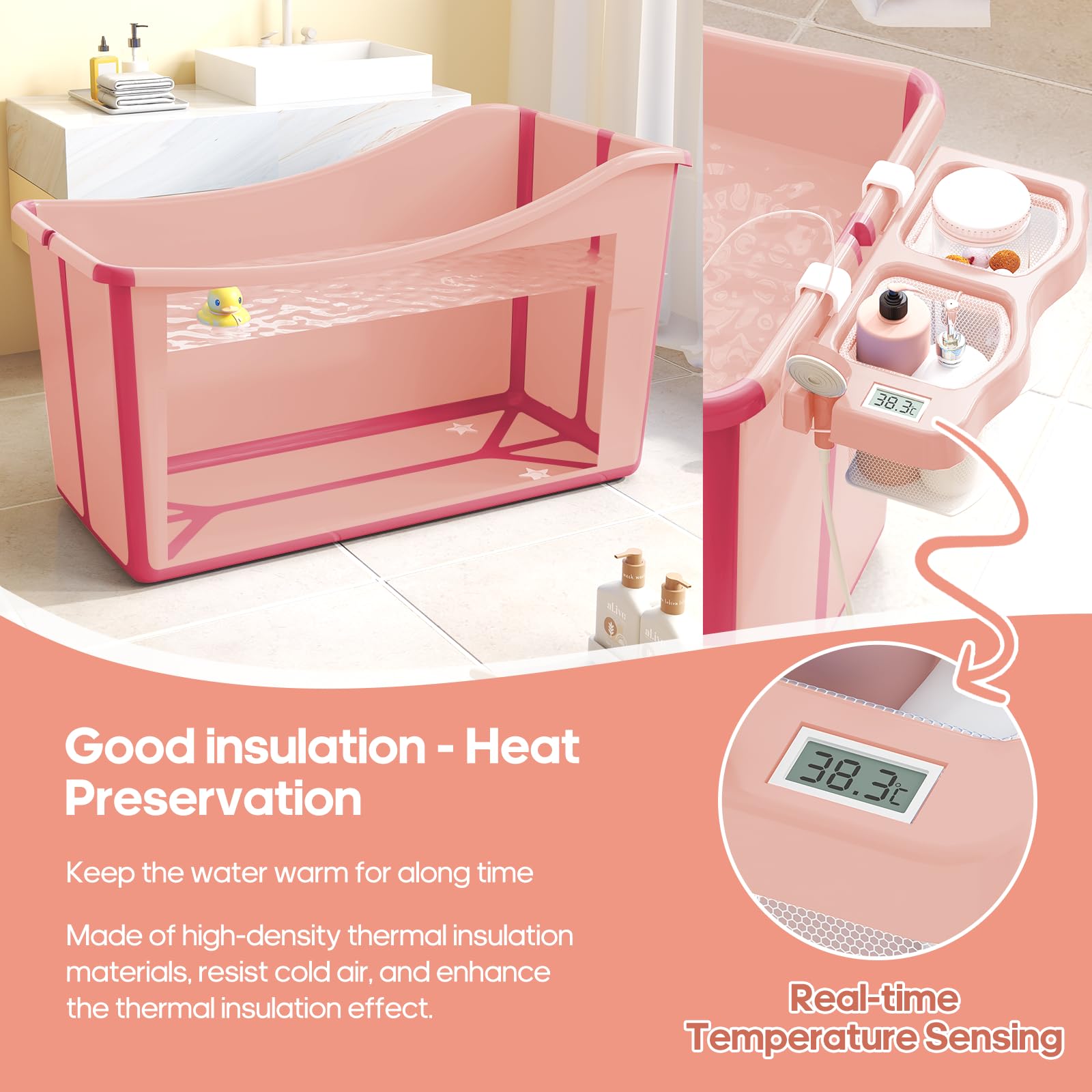 Bañera plegable para bebé portátil con termómetro y almacenamiento (rosa)