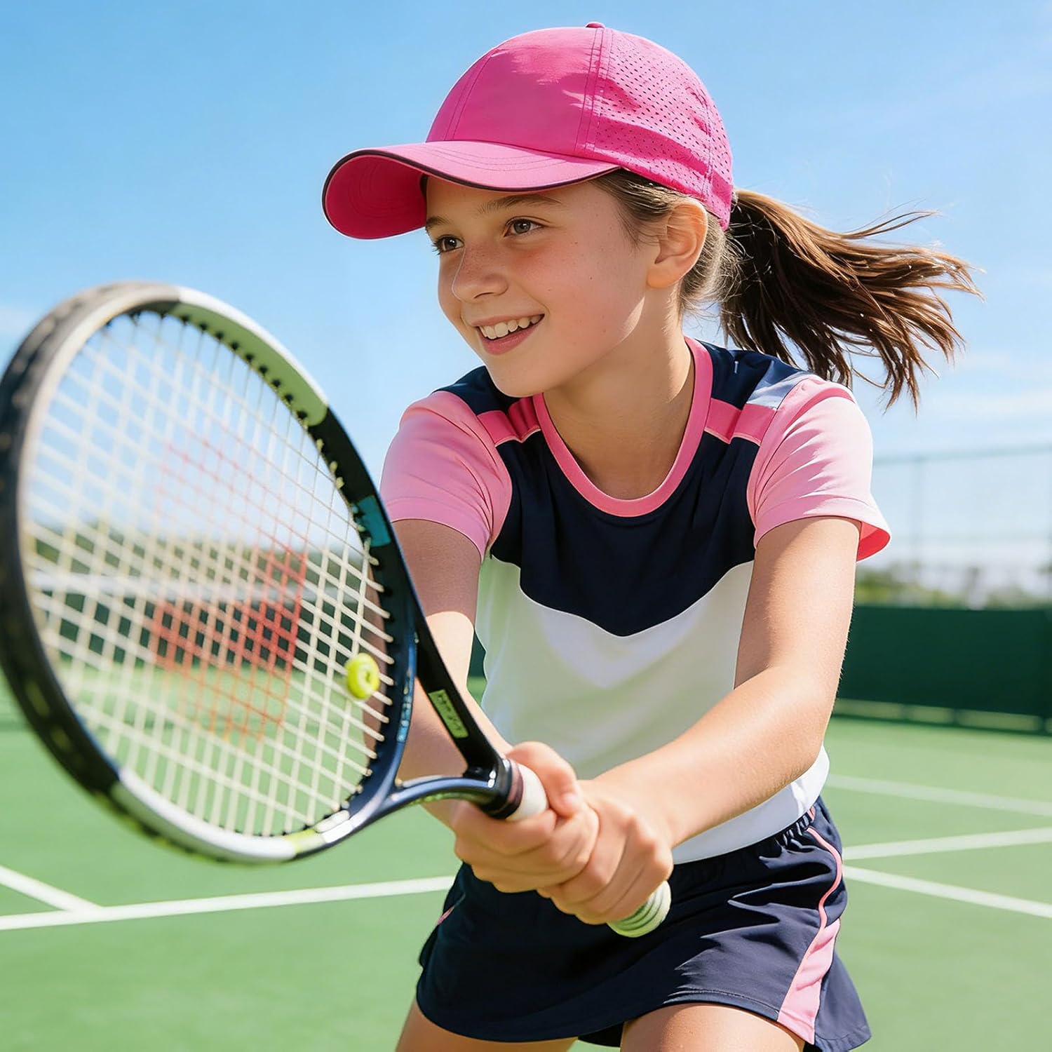 Girls Criss Cross Ponytail Hat Mesh Baseball Cap Kids Quick Dry Ponycap Hats Outdoor Summer Sports Hat Age 7-12 - Image 3