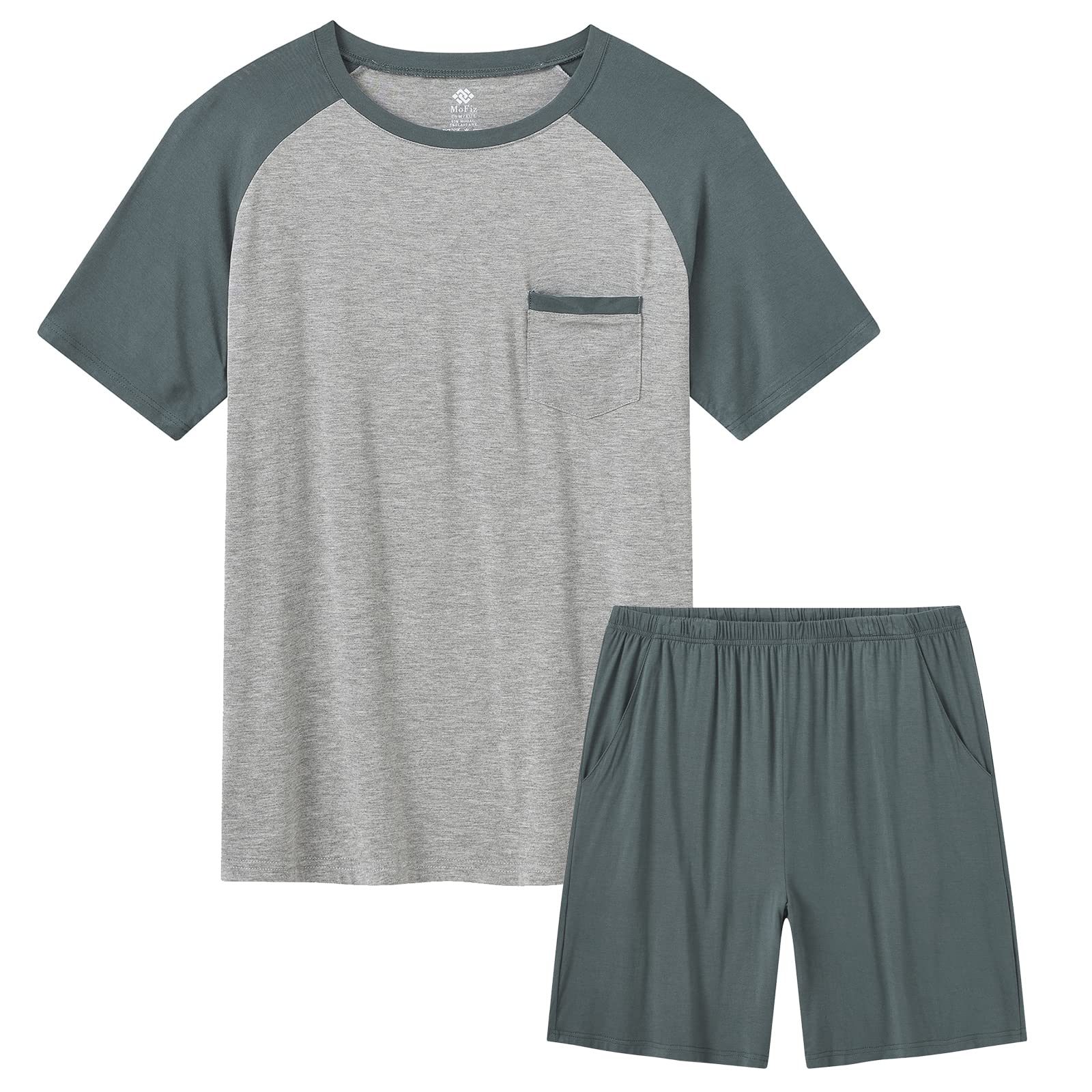 MoFiz Herren Schlafanzug Kurz Pyjamaset Zweiteiliger Set Weich Hausanzug Rundhals T-Shirt und Schlafshorts Sommer Nachtwäsche Freizeitanzug mit Brusttasche