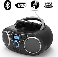 Vista 4 de Boombox de CD portátil con Bluetooth, radio FM, puerto USB, compatible con MP3-CD, entrada AUX, conector para auriculares, control remoto, estéreo