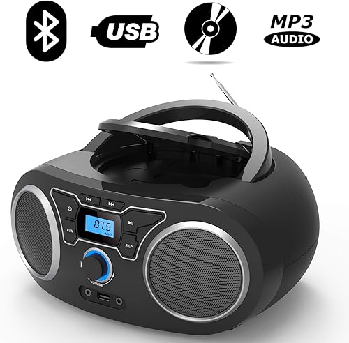 Miniatura 4 de Reproductor de CD de radio portátil Boombox con Bluetooth y radio FM, puerto USB, entrada AUX, conector para auriculares, reproductor de CD compacto