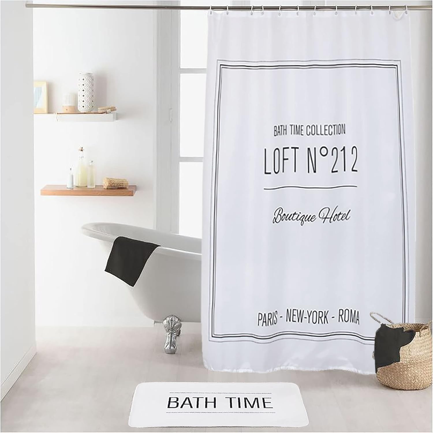 EVIDECO French Home Goods White Polyester Shower Curtain - 79x71 inches - Black Writing Design