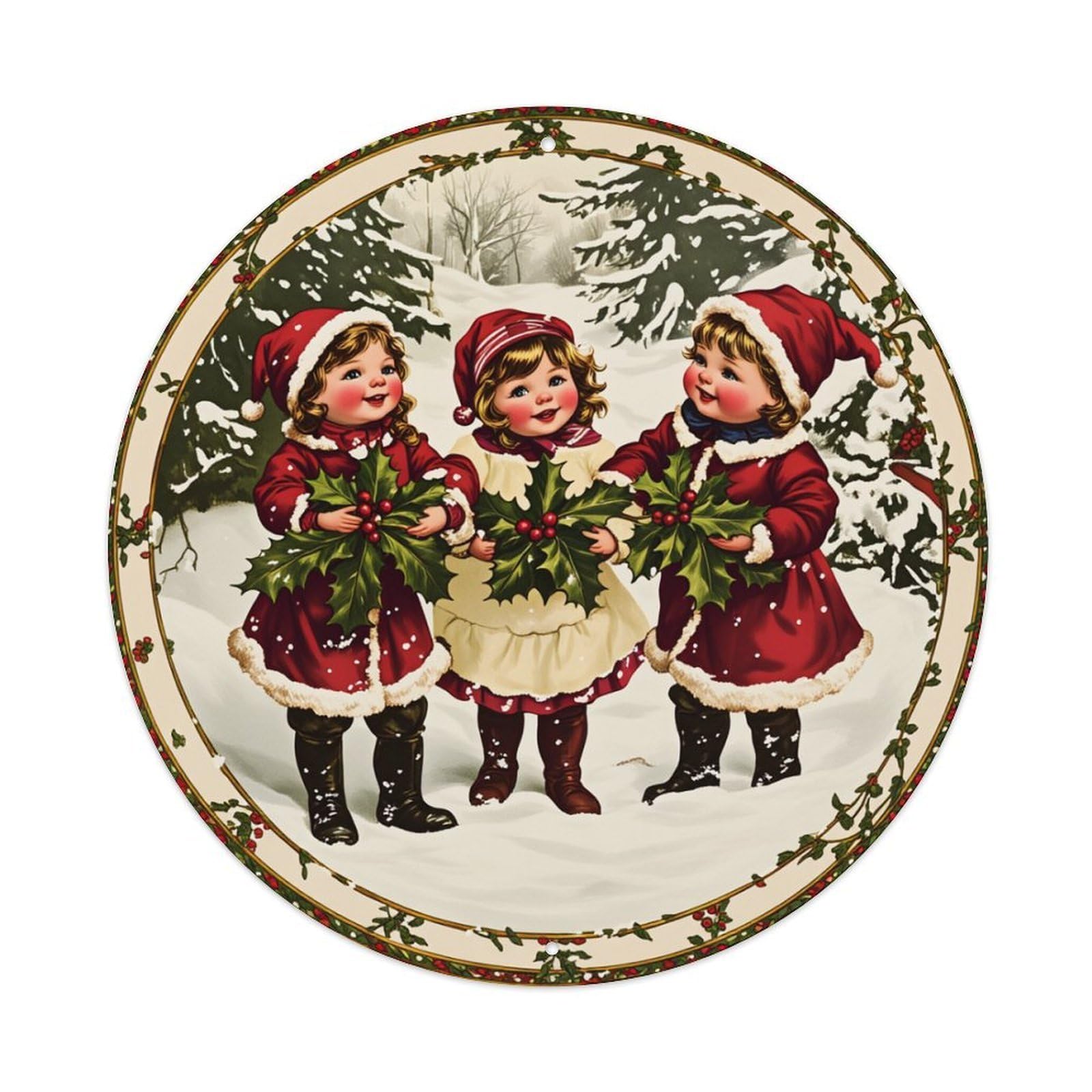 Christmas Children Holding Holly Round Tin Sign Retro Metal Sign for Cafe Bar Pub Home Game Room Gym Club Wall Decoration Vintage Metal Poster 8x8 Inch