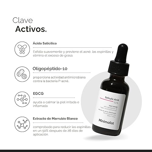 Miniatura 4 de Minimalist Suero de ácido salicílico al 2% para acné, puntos negros y poros abiertos Reduce el exceso de grasa y textura irregular Exfoliante