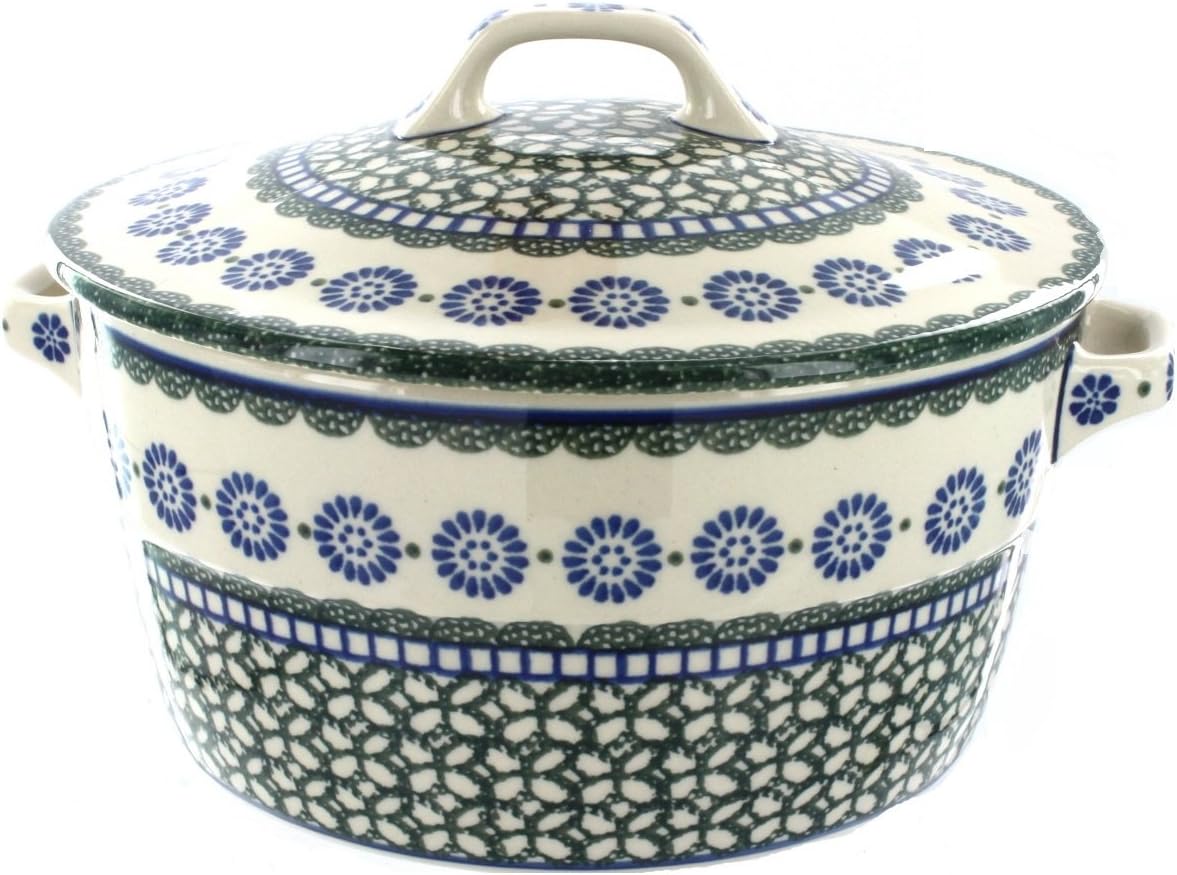 Blue Rose Polish Pottery - Green Maia Covered Round Baker - 2 QT - Unique, Dishwasher Safe, & Durable Bakeware