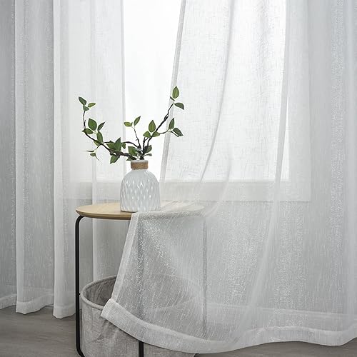 Miniatura 8 de Kotile Cortinas blancas y plateadas de 63 pulgadas de largo, cortinas transparentes con ojales para dormitorio, cortinas de lino transparente