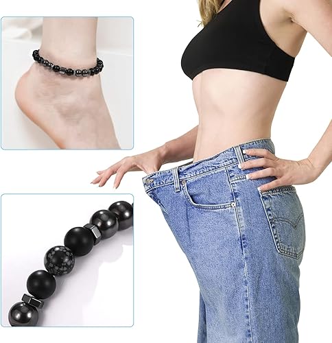 Miniatura 2 de Emibele Pulsera de desintoxicación linfática para mujer, tobillera elástica con cuentas de hematita de obsidiana antihinchazón para aliviar la
