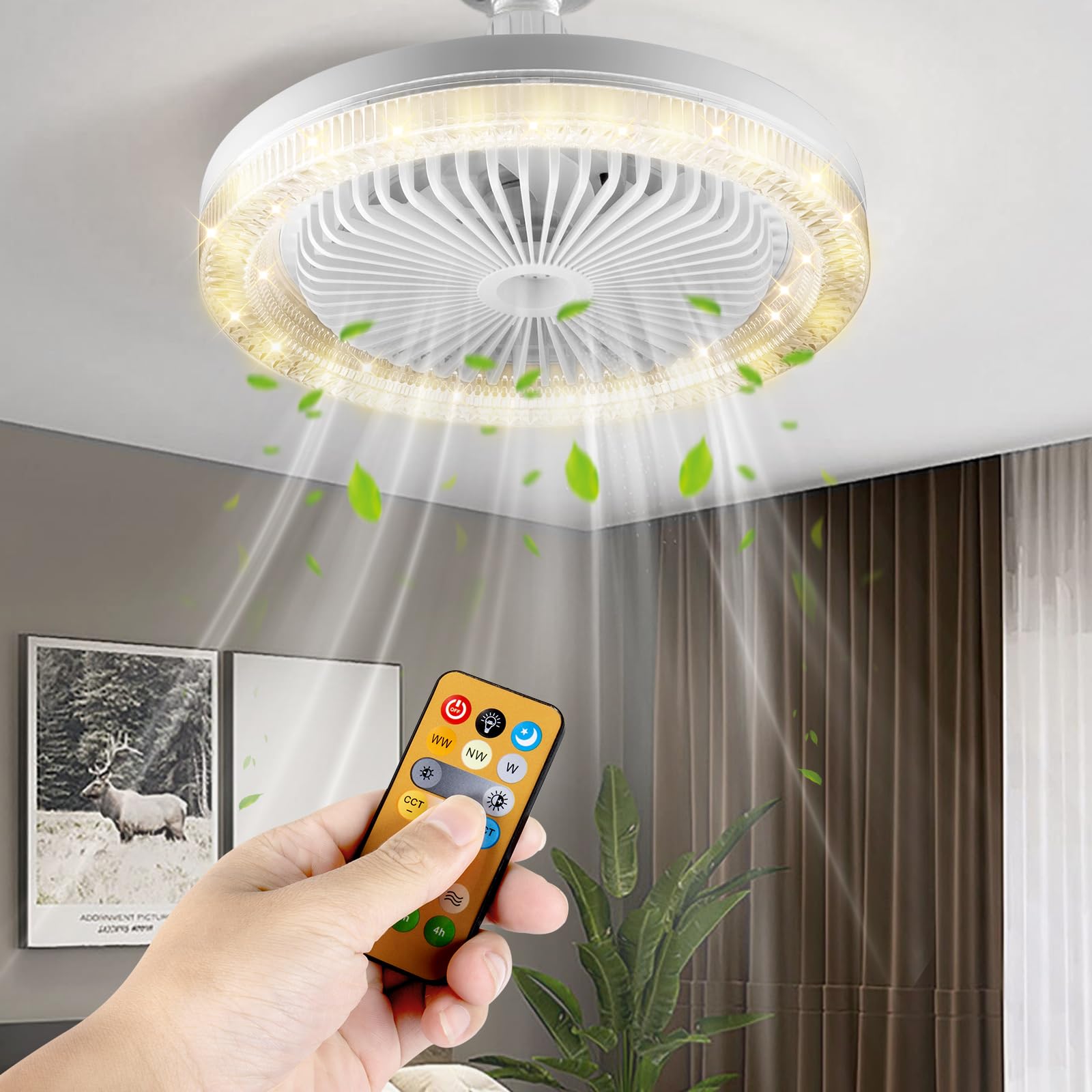 LED Ceiling Light with Fan, Adjustable Angle,30W Dimmable Ceiling fan with Lamp, with Remote Control,Timing and 3 Speeds, E27 Lamp Holder,3000K-6500K for Small Spaces Bedroom Home Office (Unscented) [Energy Class A+++]