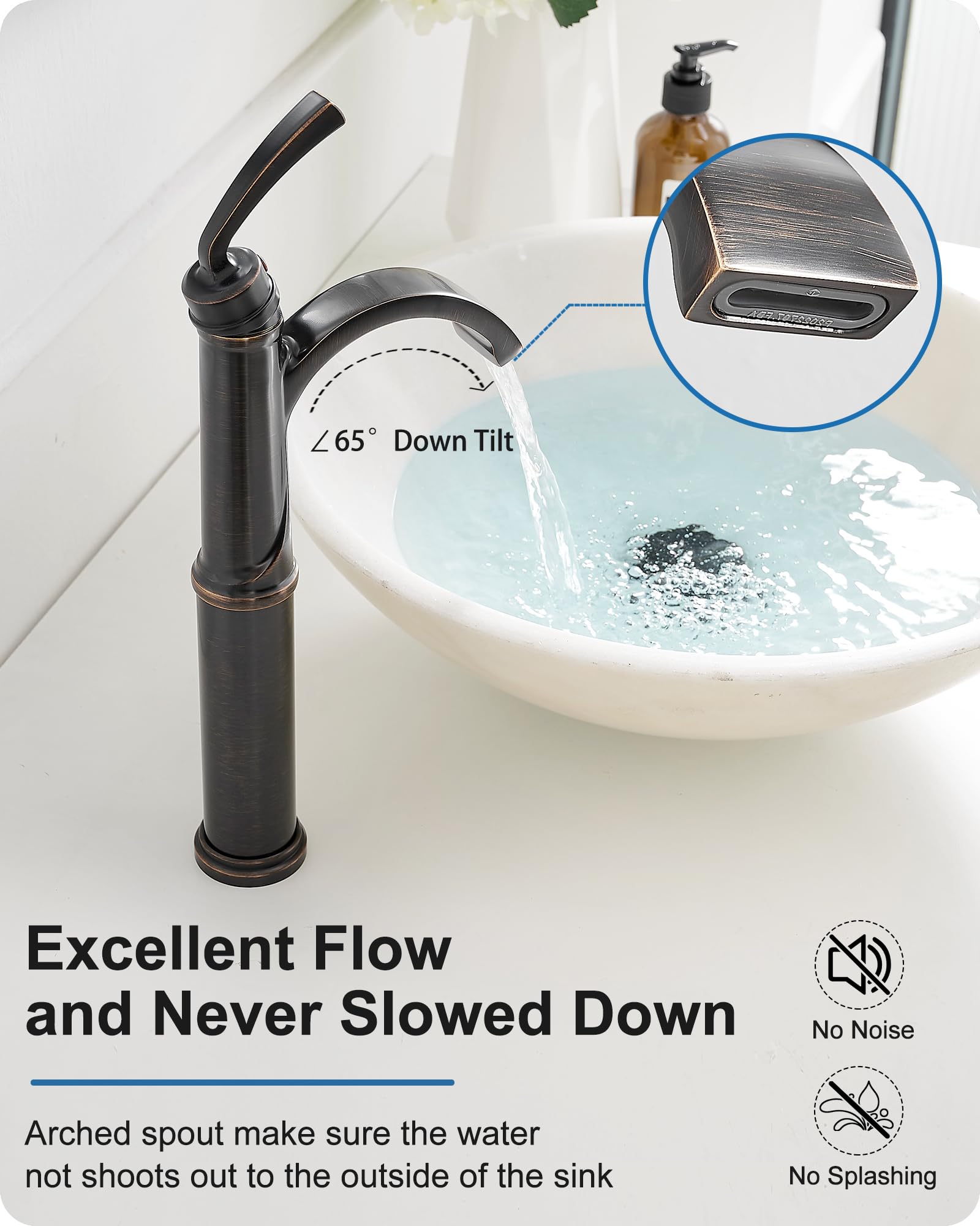 Waterfall Vessel Sink Faucet Oil Rubbed Bronze Brass Tall Bathroom Faucet with Pop-up Drain cUPC Supply Hoses Single — view 4