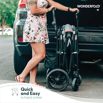 WONDERFOLD X2 2 Passenger Push Pull Twin Double Stroller Wagon with Adjustable Handle Bar, Removable Canopy, Safety Seats with 5-Point Harness (Black)