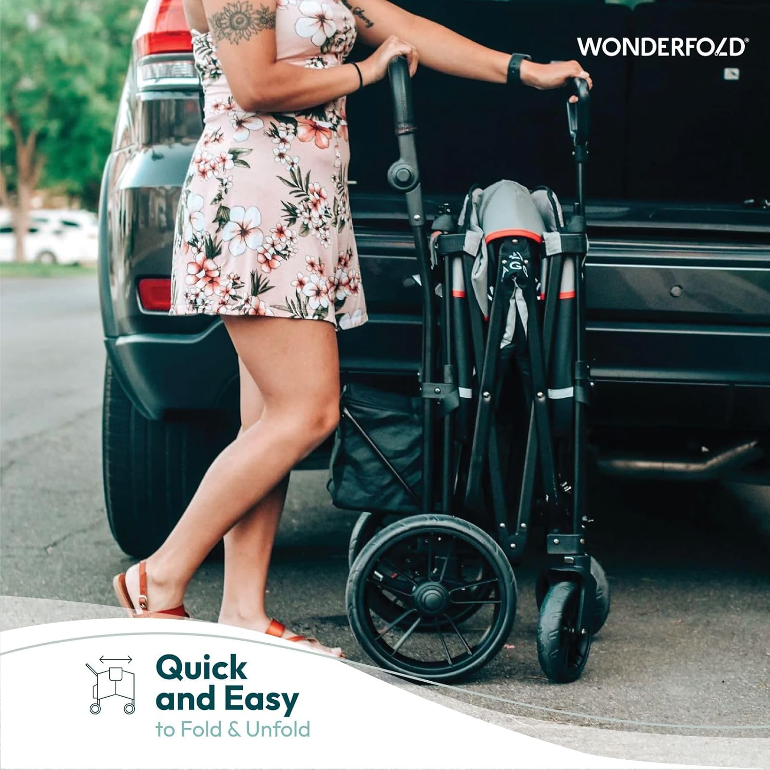 WONDERFOLD X2 Push & Pull Stroller Wagon (2 Seater) - Collapsible Wagon Stroller with 5-Point Seatbelt Harnesses, Push & Pull Handles & Removable Sun Canopy, Black