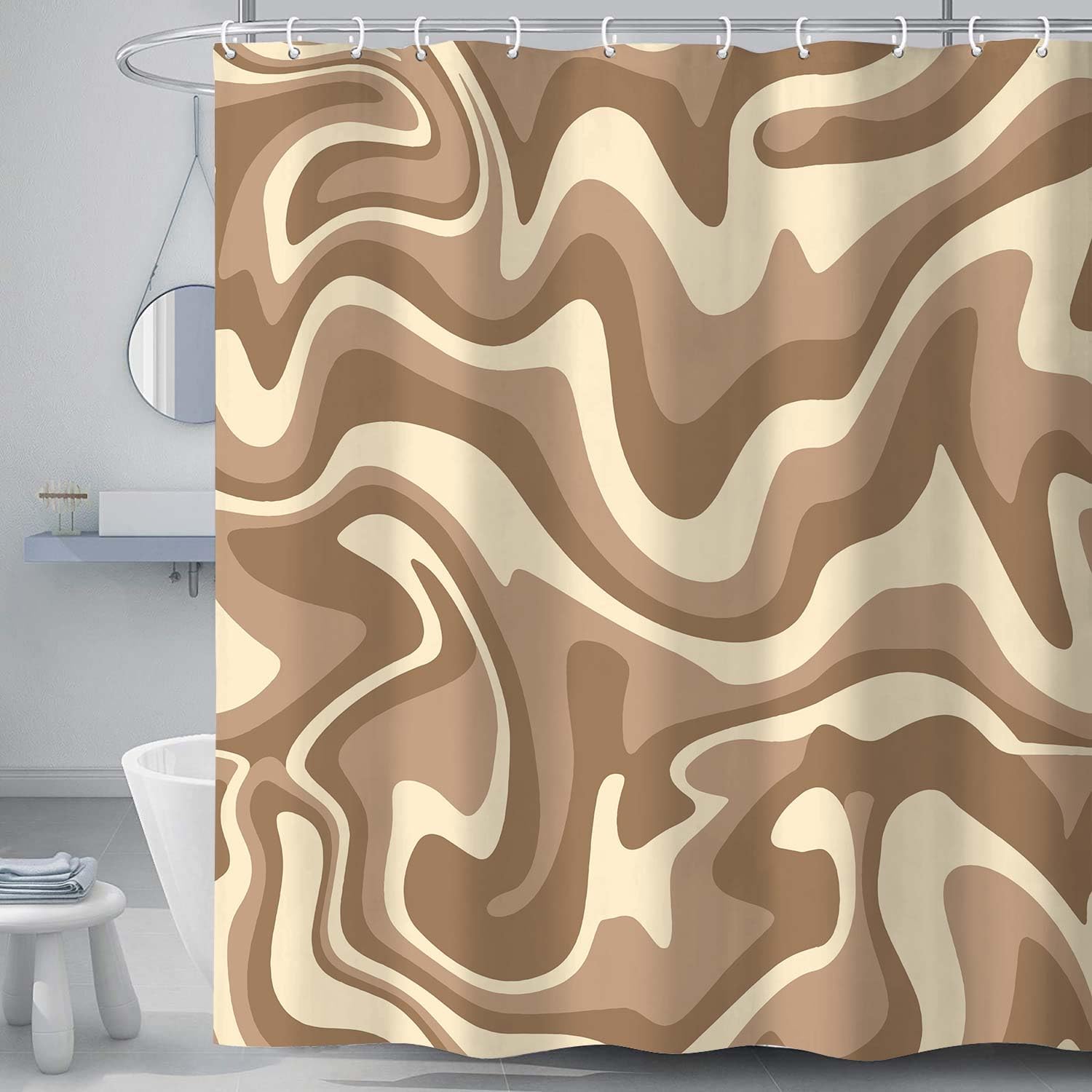 Aesthetic 70S Abstract Wavy Swirl Shower Curtain, Cute Beige Sage Aesthetic Bath Curtain, Retro Boho Minimal Teen Girls Bathroom Accessories Set with Hooks, 69x78IN