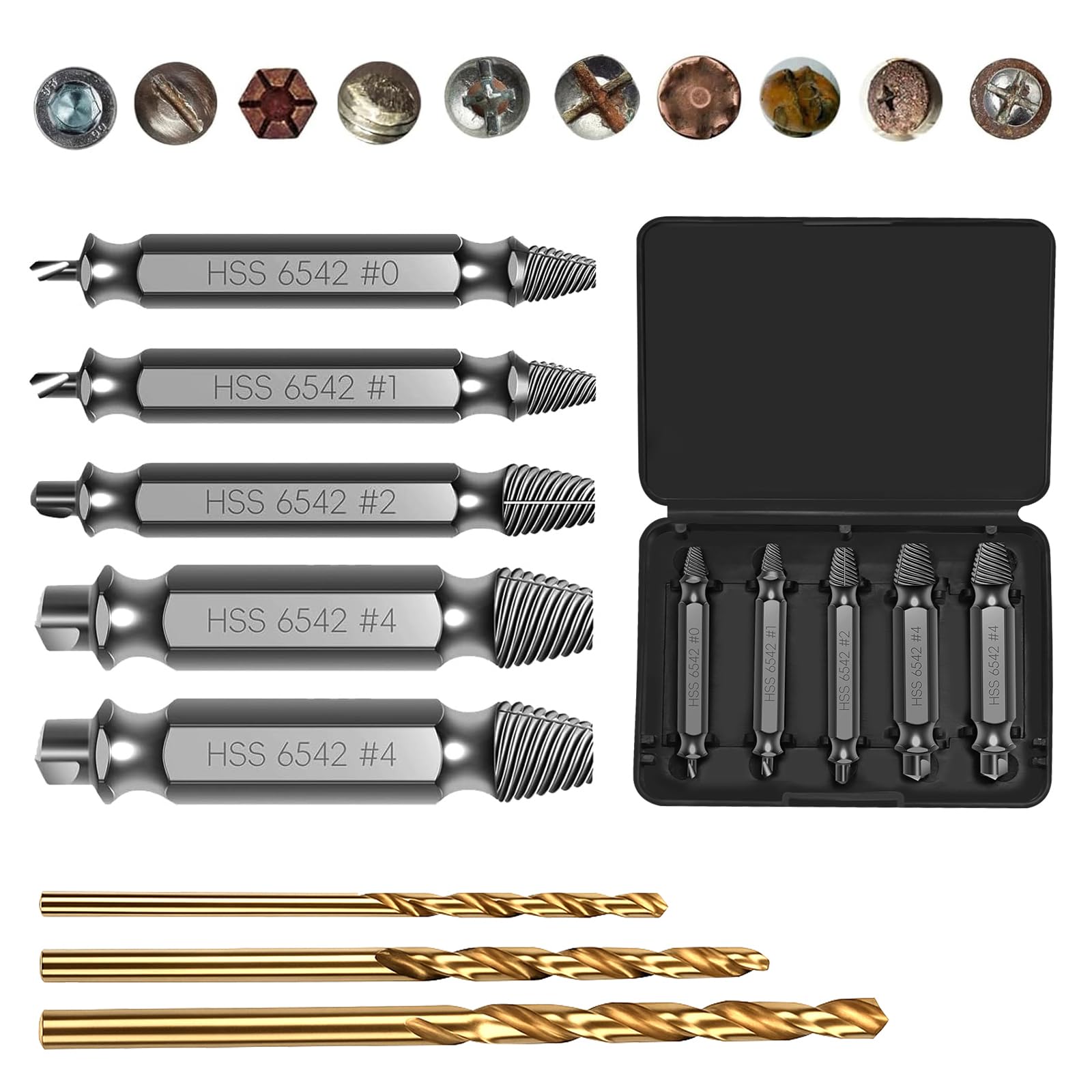 8 Pcs Broken Screw Extractor, HSS 6542# Rounded Screw Remover, Stripped Screw Removal Tool with 3 Pcs Twist Drill Bit Kit for Damaged Broken Stripped Screws
