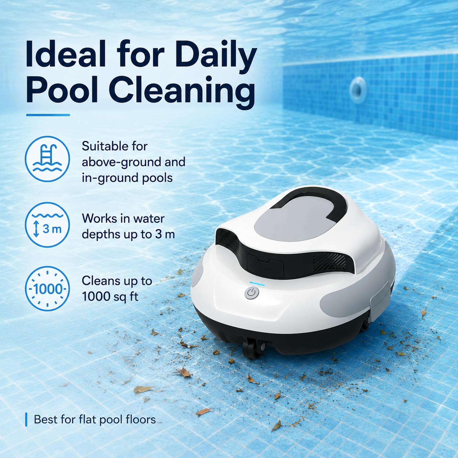 Robot Aspirador Para Piscinas Elevadas – Batería 5000mAh, Autonomía 100min | Limpiafondos Automático Sin Cable, Filtro 180μm Reutilizable, Succión 42L/min, Mango Flotante