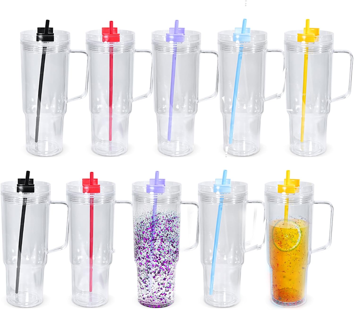 AGH 20Pack 40Oz Acrylic Snowglobe Tumbler with Handle,Double Wall Acrylic Clear Cup with Pre-drilled Hole,Reusable Clear Plastic Travel Tumbler with Color LId for Glitter Snow Globe DIY