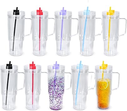 AGH 20Pack 40Oz Acrylic Snowglobe Tumbler with Handle,Double Wall Acrylic Clear Cup with Pre-drilled Hole,Reusable Clear Plastic Travel Tumbler with Color LId for Glitter Snow Globe DIY