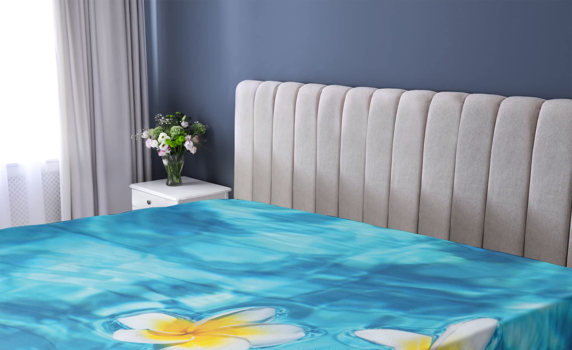Ambesonne Hawaiian Fitted Sheet, Tropical Frangipani Flower Floating in Water Pool Summertime Ecofriendly, Soft Decorative Fabric Bedding All-Round Elastic Pocket, Full Size, Blue Yellow