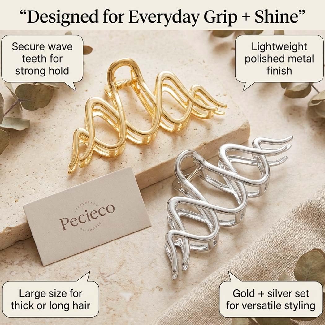 Large Wave Hair Claw Clips for Thick Hair, Gold and Silver Metal Hair Clips, Minimalist Hair Accessories for Women, 2 Pack