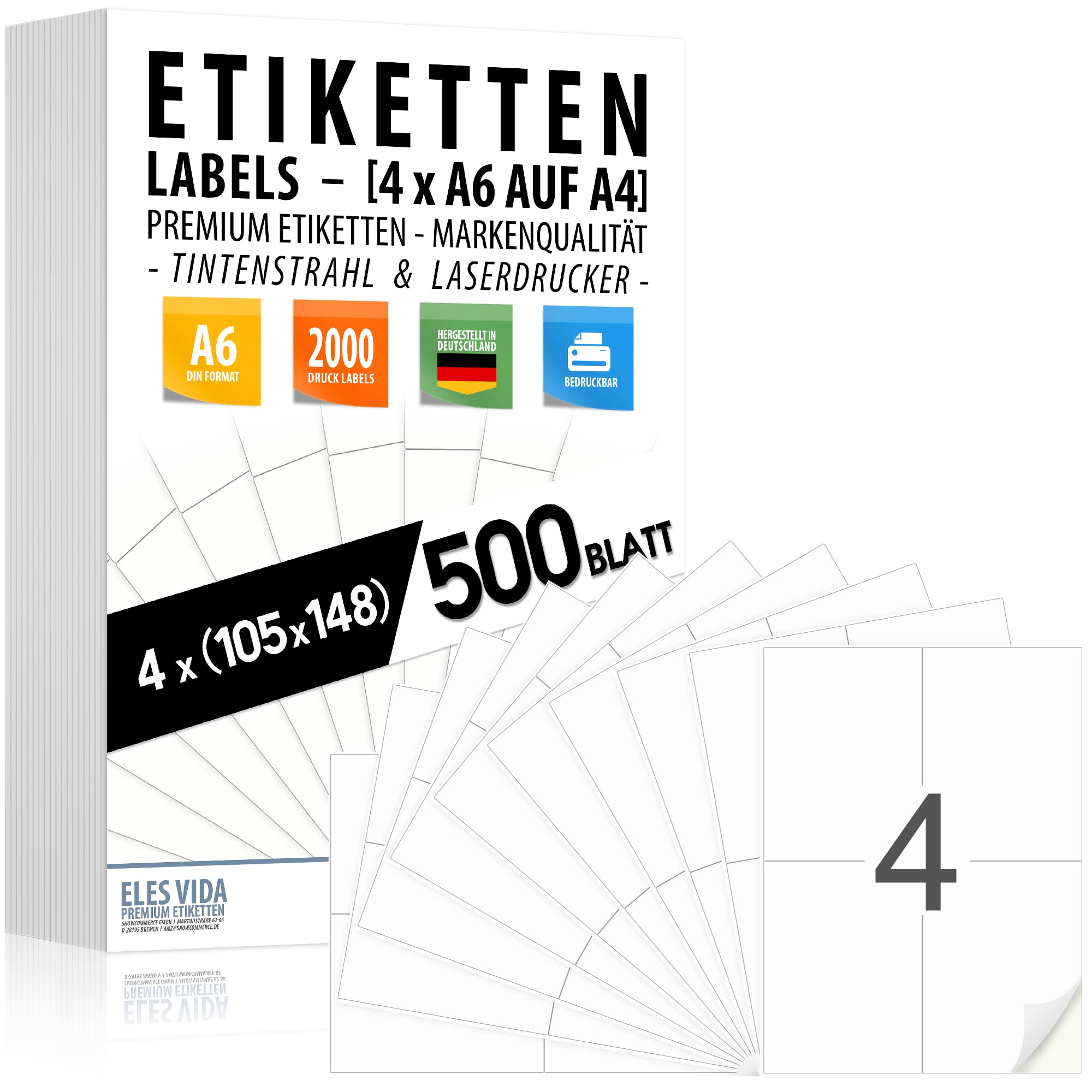 500 feuilles - 2000 Étiquettes DIN A6 105x148 mm auto-adhésives (4 par feuille A4), surface blanche mate, imprimantes jet d'encre et laser étiquettes d'expédition, FABRIQUÉES EN ALLEMAGNE