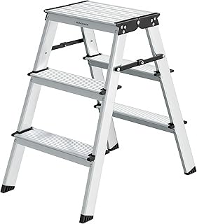 SONGMICS Leiter, Trittleiter, Aluleiter mit 3 rutschfesten Stufen, klappbar, Stehleiter, Mehrzweckleiter, bis 150 kg belastbar, Silbergrau-tintenschwarz GLT23K