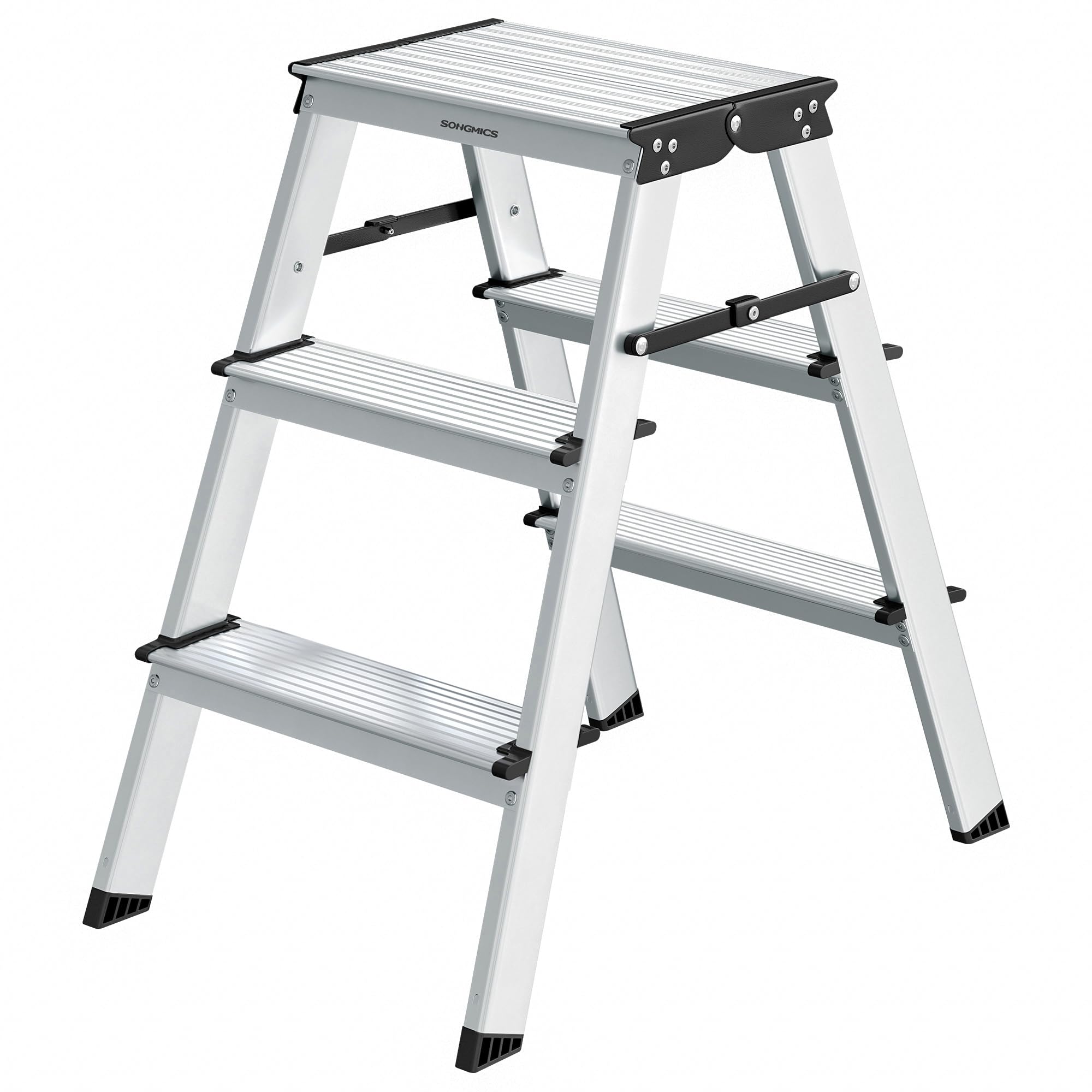 SONGMICS Leiter, Trittleiter, Aluleiter mit 3 rutschfesten Stufen, klappbar, Stehleiter, Mehrzweckleiter, bis 150 kg belastbar, Silbergrau-tintenschwarz GLT23K