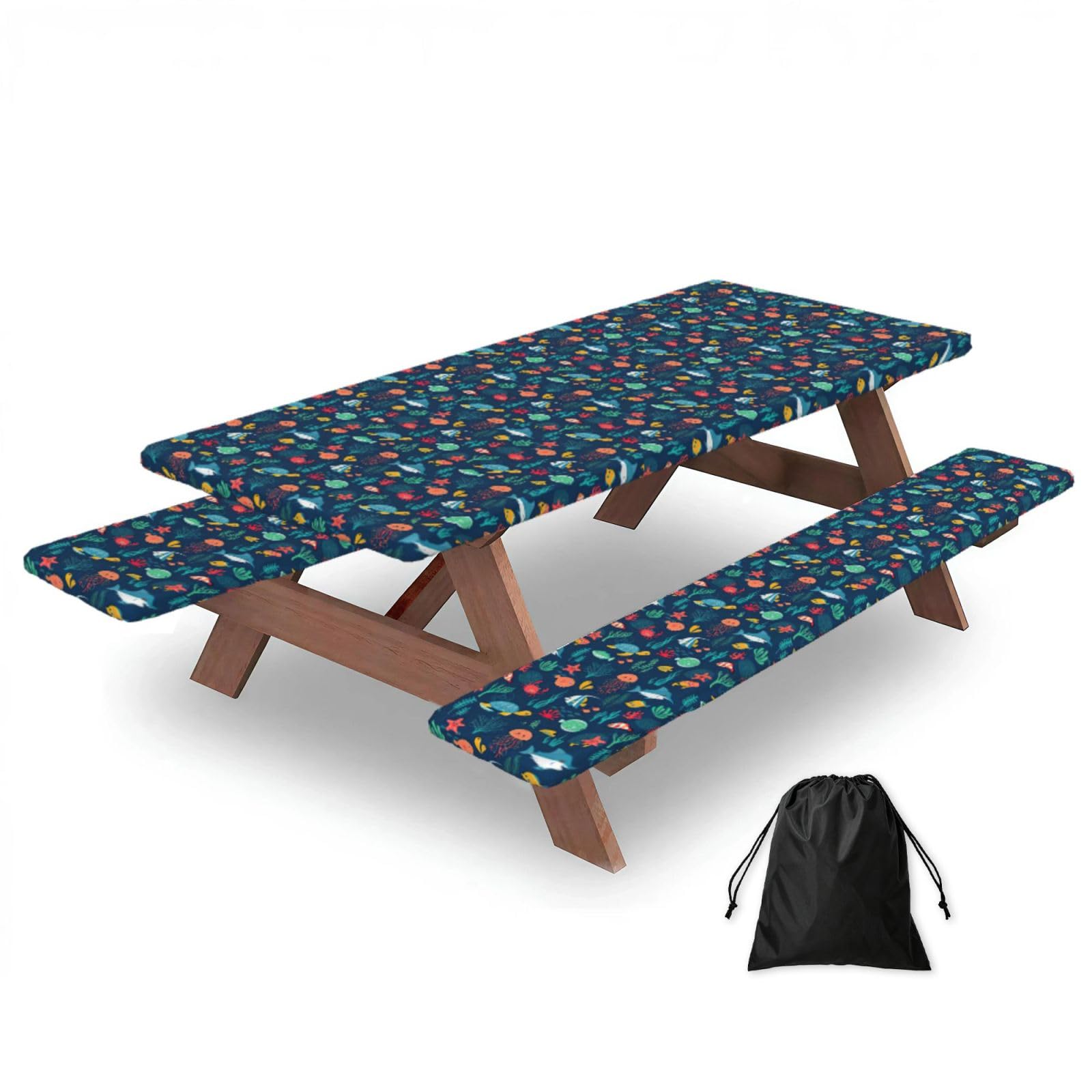 Yqxwjl Black Ocean Fish Turtle Jellyfish Print Camping Essentials Waterproof Camping Table And Bench Cover With Drawstring Bag 183 Cm