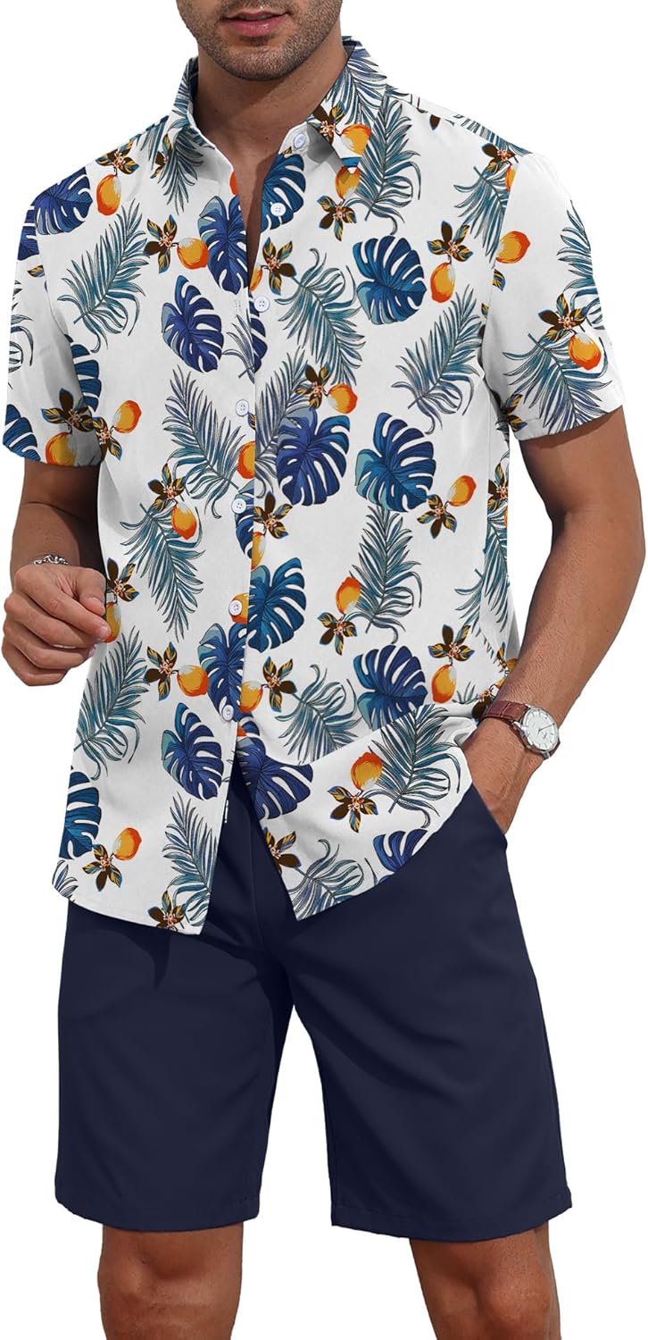 YTD Men's 2 Piece Outfits Tropical Print Short Sleeve Button Down Hawaiian Shirt and Beach Shorts Set - Image 3