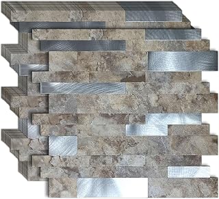 10 Sheets Backsplash Tile for Kitchen Peel and Stick, 11.81" X 11.81" Self-Adhesive Waterproof, Metal Backsplash Subway Tile, Stick on Tiles Kitchen Bathroom(Darken Coffee+Frosted Silver)