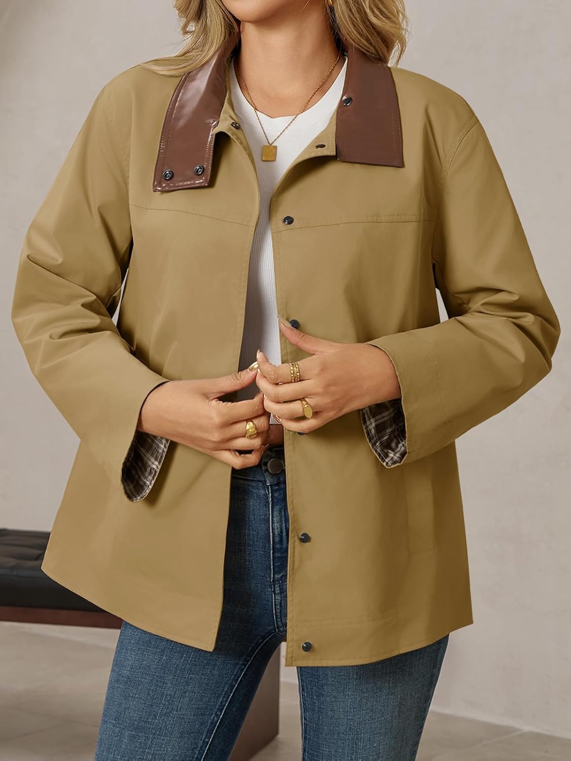 Tankaneo Womens Trench Coat Oversized Fall Barn Jacket Leather Collar Plaid Color Block Windproof Overcoat - Image 3