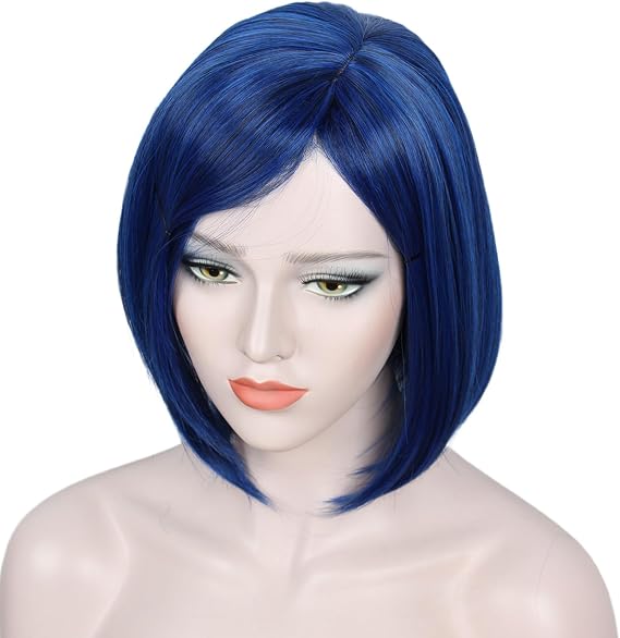Linfairy Cosplay Dark Blue Bob Short Straight Synthetic Wig for Women Halloween Costume Party Cosplay Wig