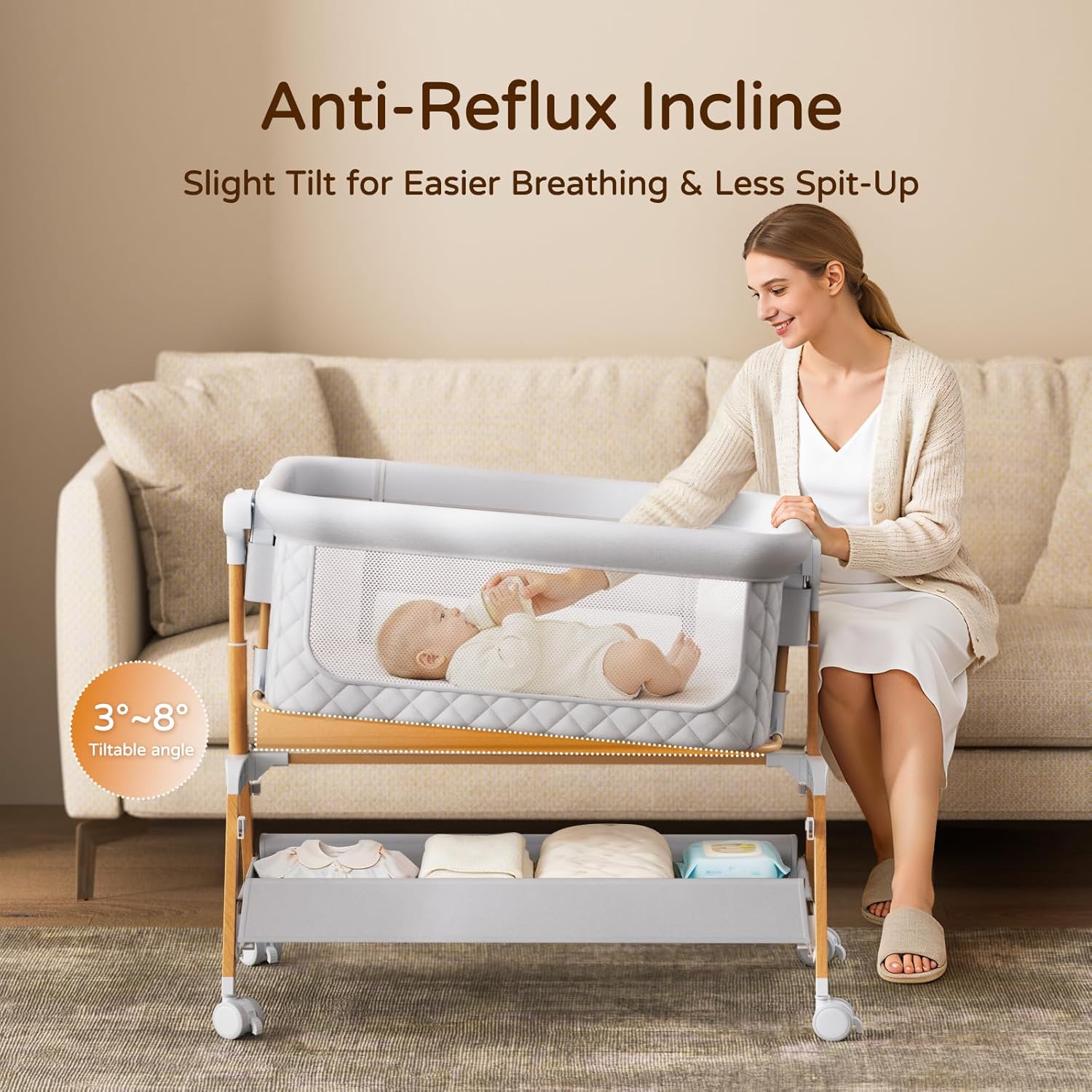 3 in 1 Baby Bassinet Bedside Sleeper,Bedside/Rocking Bassinet for Baby with Waterproof Comfy Mattress and Lockable Wheels,7 Adjustable Height, Easy Folding Portable Crib for Newborn(Gray)