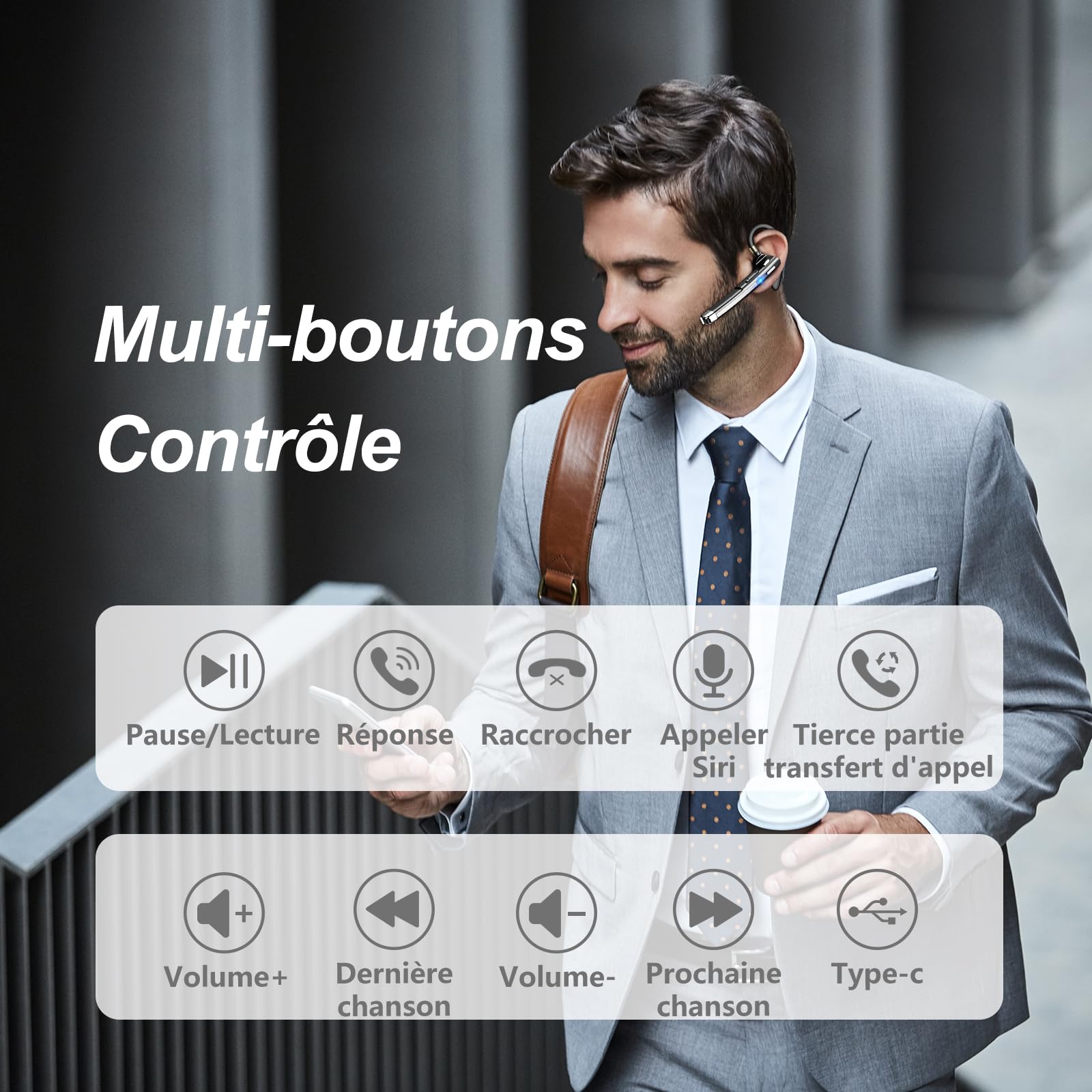 Oreillette Bluetooth sans Fil Kit Main Libre Avec double microphone pour l'annulation du bruit 64 Heures de Conversation en HD boîtier chargement LED CVC8.0 iPhone/Android