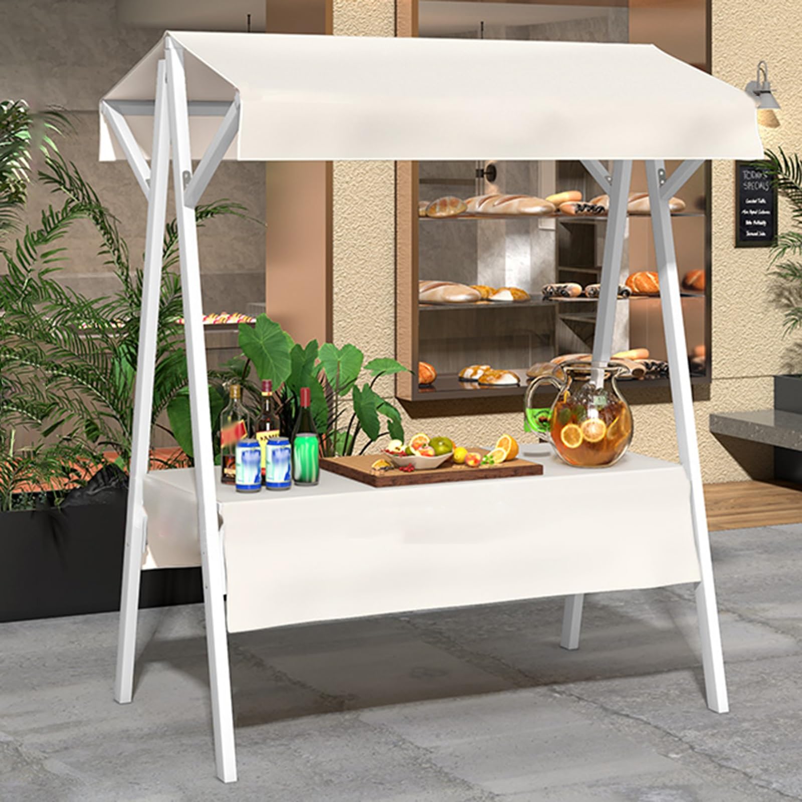 Carritos de Mercado, Expositor metálico Plegable para Mesa de Vendedor, quiosco portátil con Ruedas bloqueables, Carrito de Comida Comercial para Perritos Calientes y Helados (Blanco, 150 cm