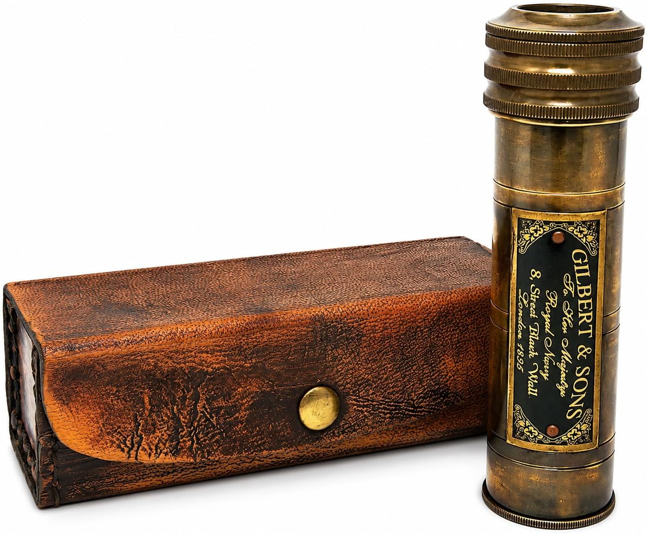 Vintage Brass Spyglass Telescope, Gilbert & Sons Royal Navy Collectible, with Leather Case, Manual Focus, 14 Years and Up