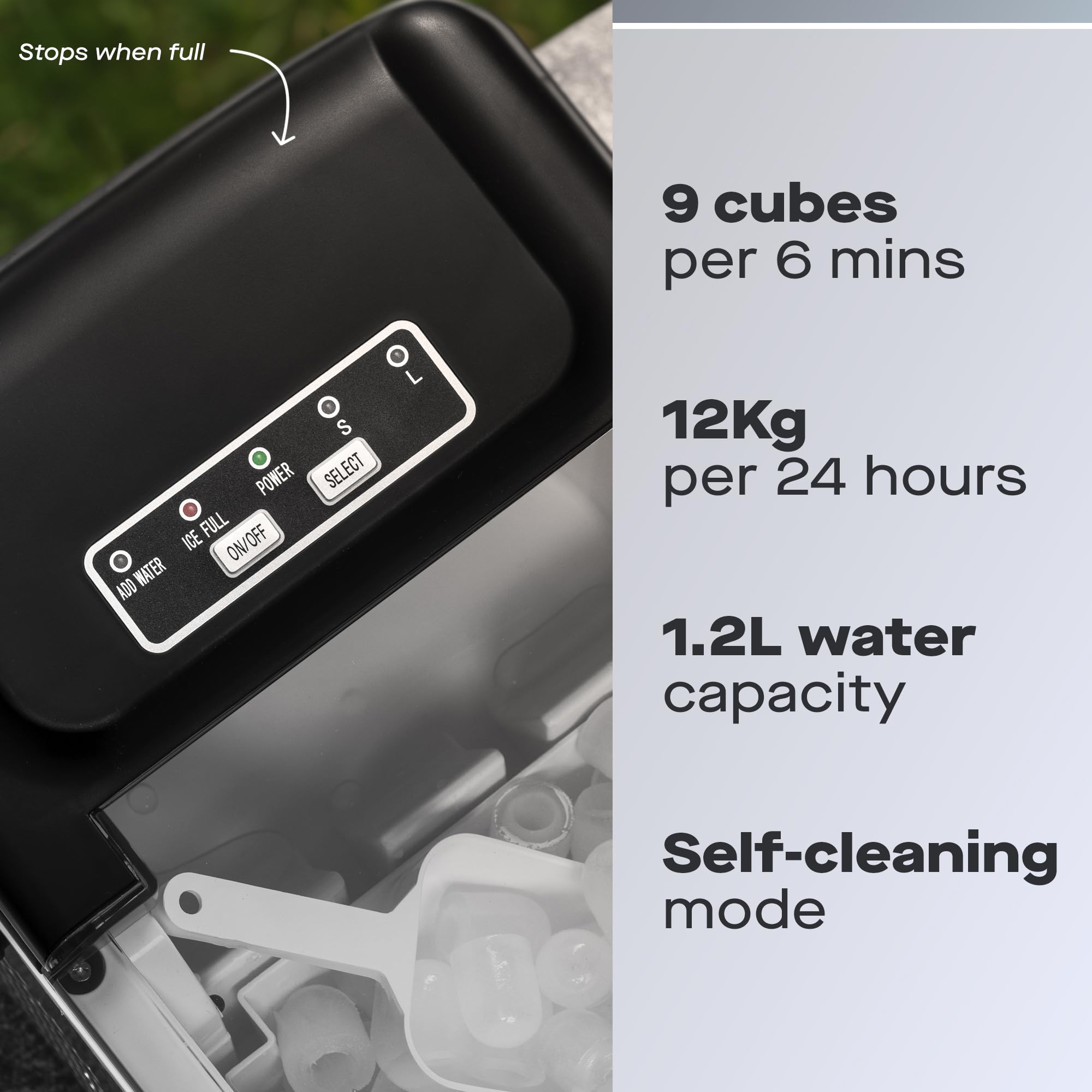 Daewoo Macchina per il ghiaccio portatile con manico, 9 cubi di proiettile in 6 minuti con 2 opzioni di dimensione, 12 kg in 24 ore, autopulente, paletta e cestino per il ghiaccio inclusi, per bar